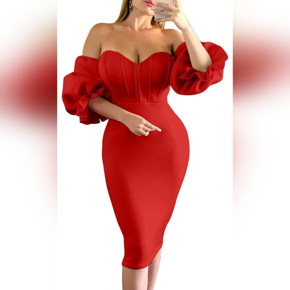 Off Shoulder Bodycon Lantern Sleeve Front Hook Midi Party Dress